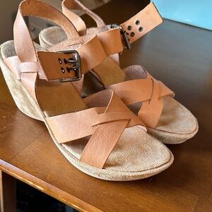 CL by Laundry Tan Leather Wedge Sandals with Buckle